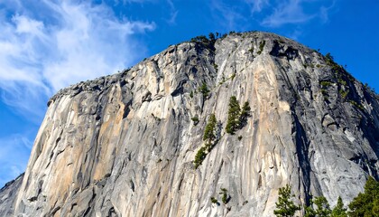 Majestic granite cliff face with sparse green trees under a bright blue sky.