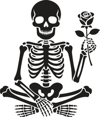 Black skeleton holding a rose silhouette design isolated on white background. vector illustration
