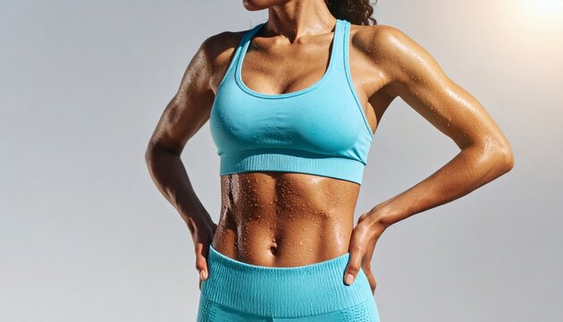 Achieving a sculpted physique, a fit woman's strong core and toned muscles highlight dedication to a healthy lifestyle. - Powered by Adobe