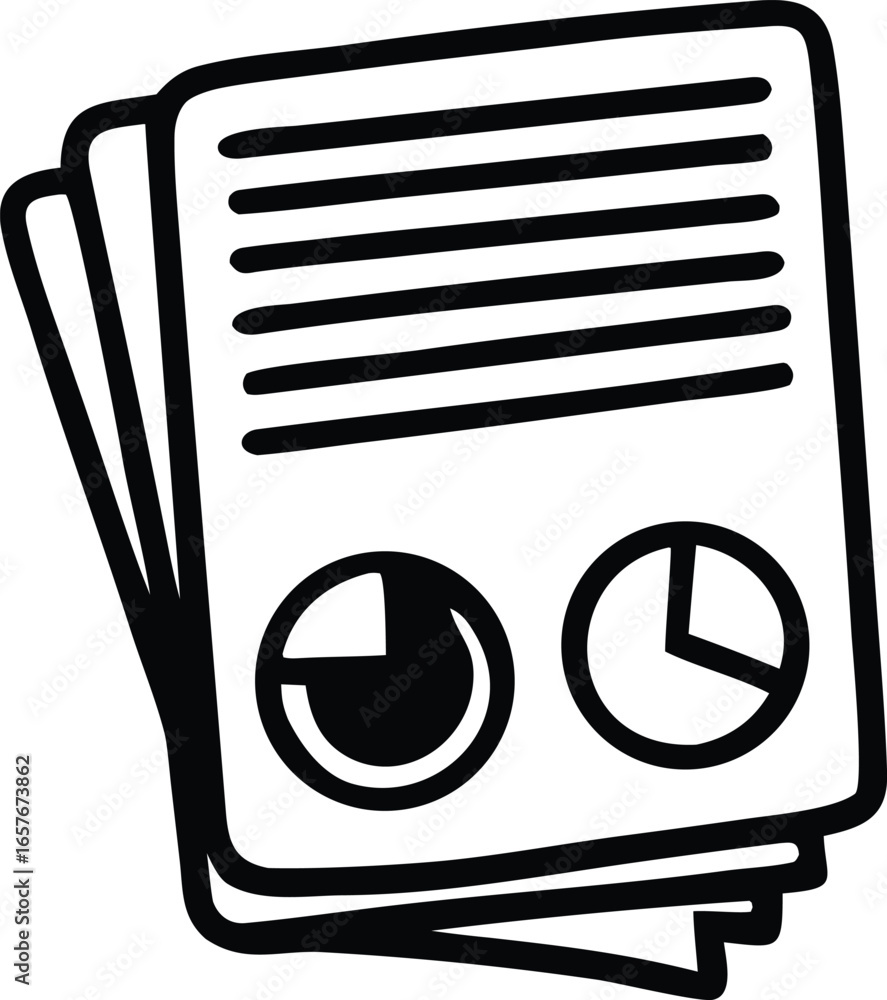 Poster hand drawn illustration of stacked documents featuring charts and lines of text representing data an