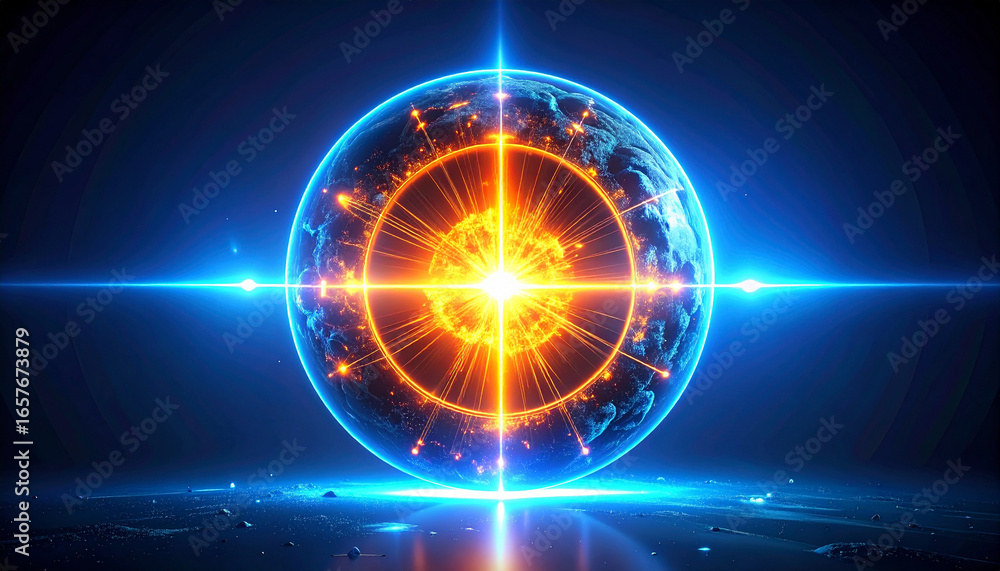 Poster digital artwork depicting a glowing energy sphere with intricate internal structures and bright ligh