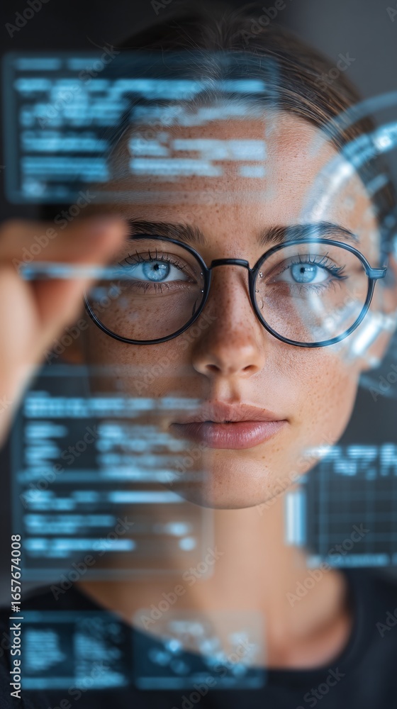 Poster a researcher analyzing transparent holographic data panels with ai algorithms displayed, abstract fu