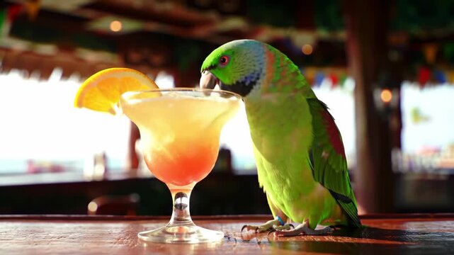 Green parrot with a cocktail in a beach bar enjoying vacation