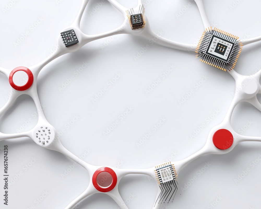 Poster minimal flat-lay of computer components forming a neural network pattern, white background, stock ph