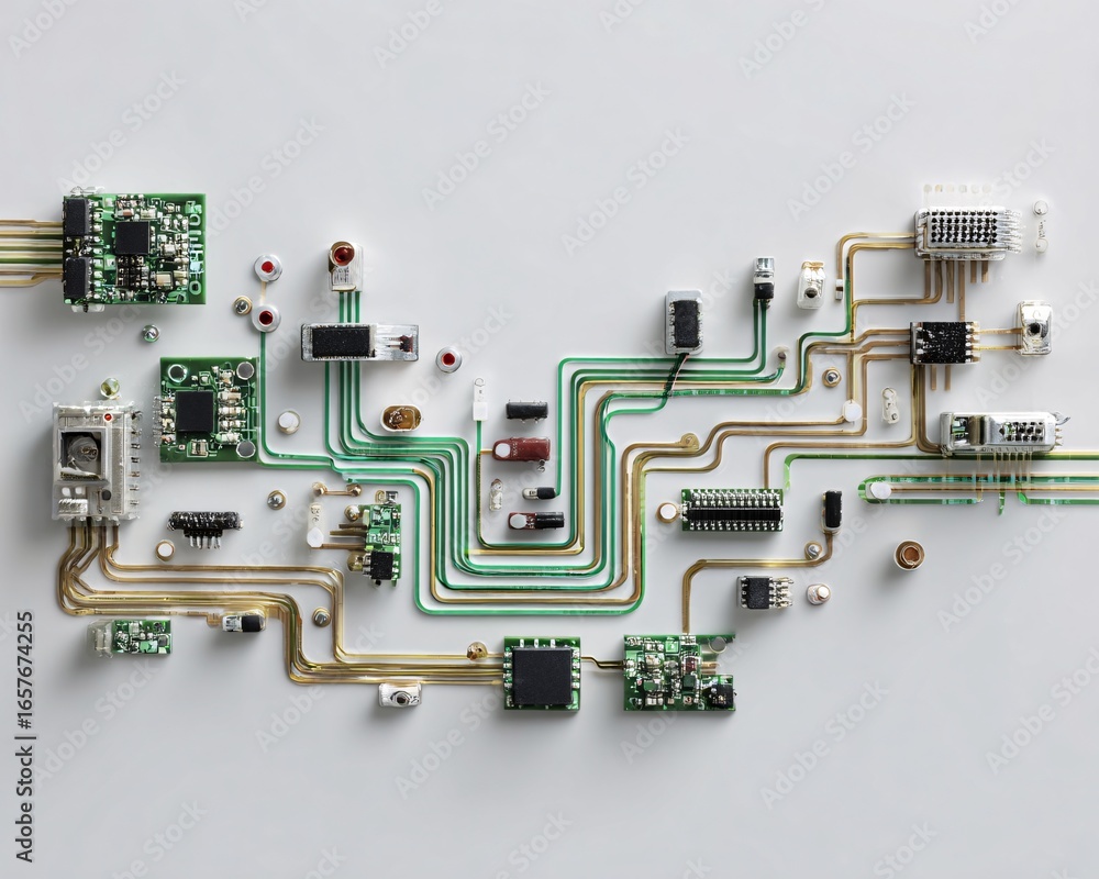 Poster minimal flat-lay of computer components forming a neural network pattern, white background, stock ph
