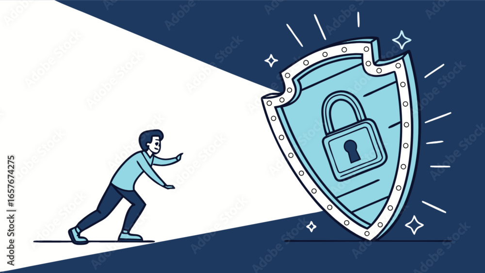 Aufkleber cybersecurity protection shield secure data privacy safety man pushing security system firewall defe