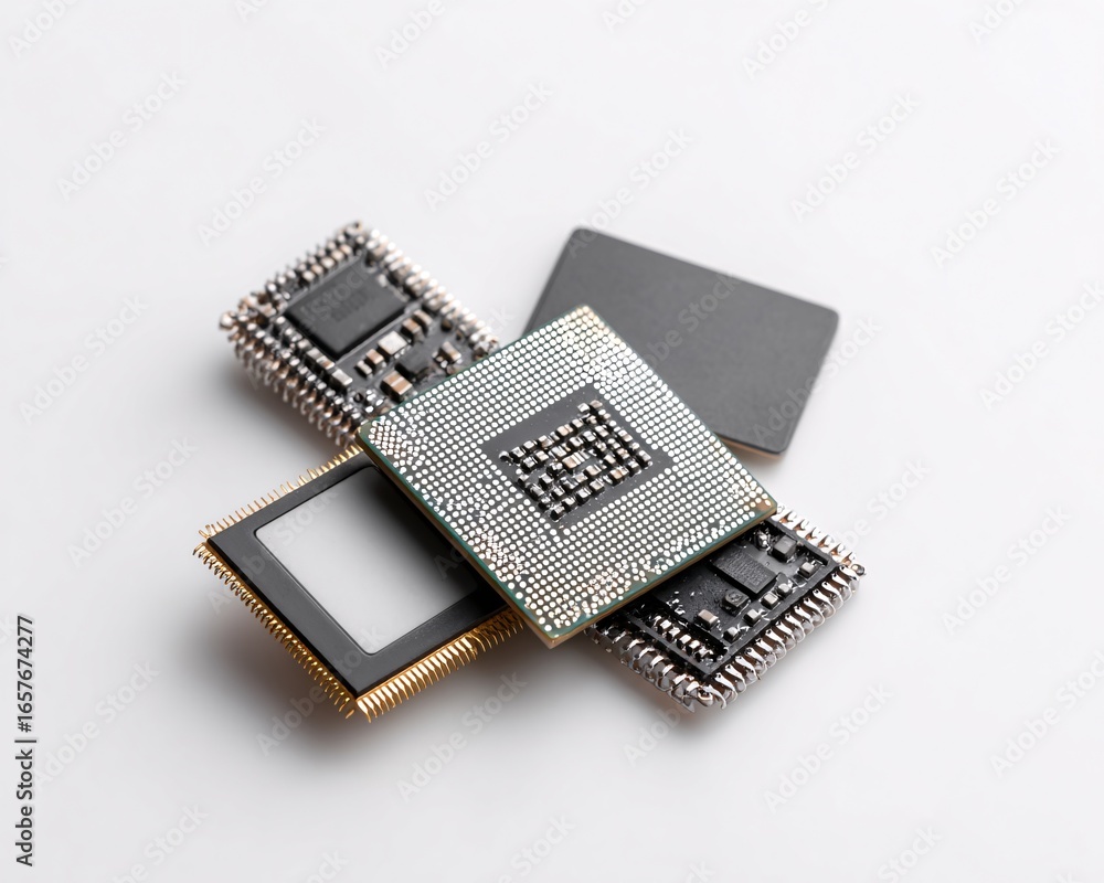 Poster minimal flat-lay of computer components forming a neural network pattern, white background, stock ph