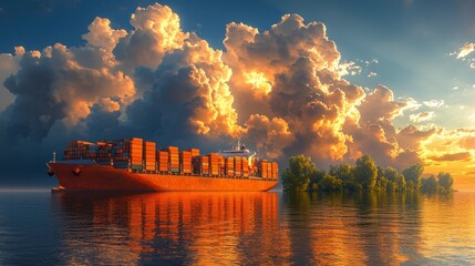 Container Ship Navigating Calm Waters Under Dramatic Cloudscape