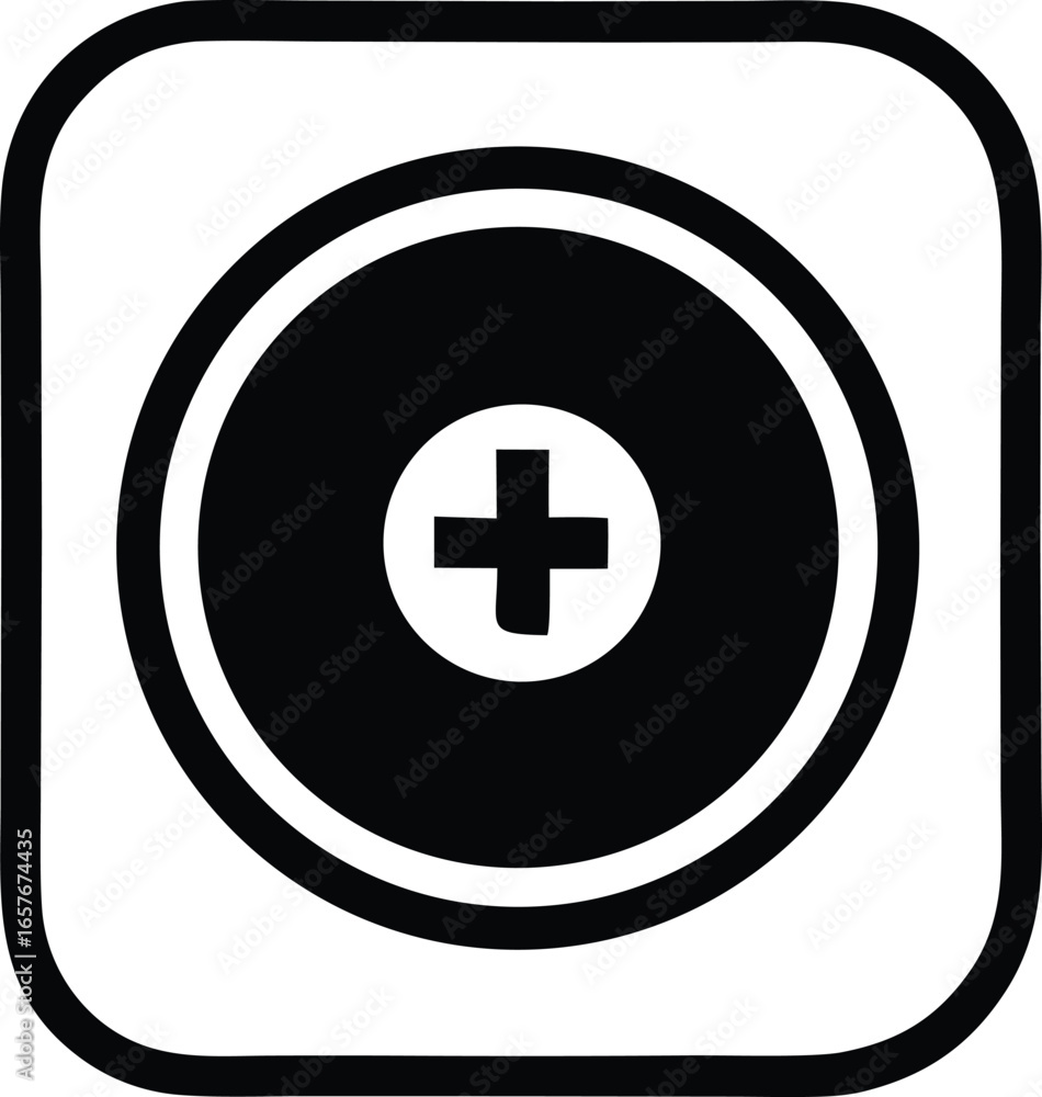 Poster simple black and white icon featuring a plus sign inside a concentric circle within a rounded square