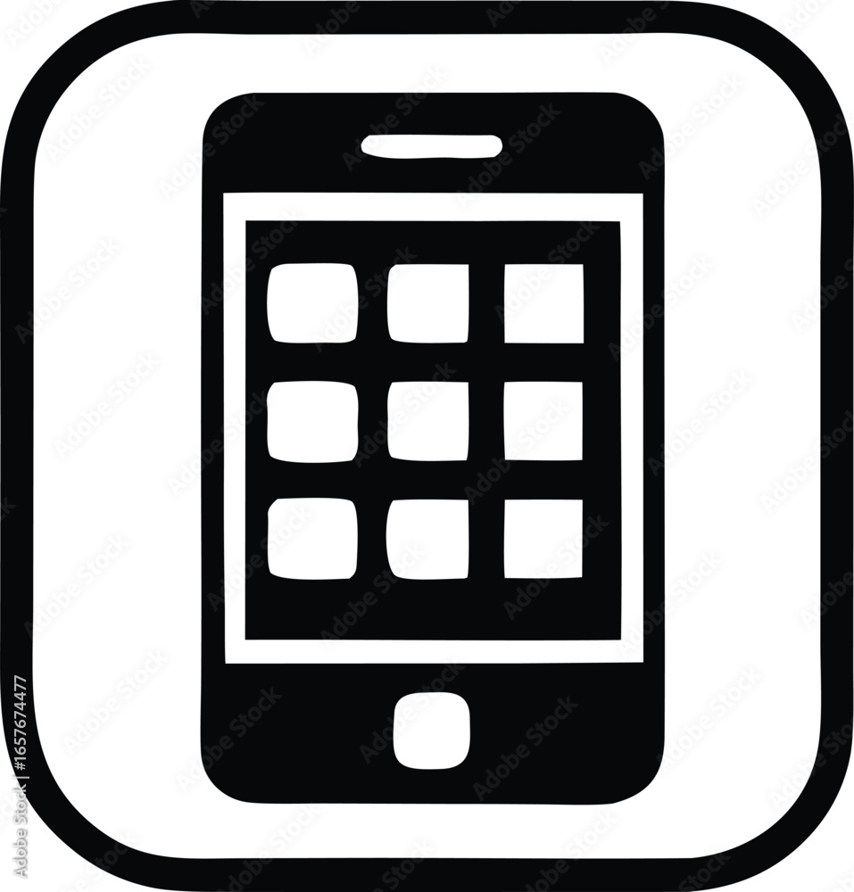 Poster simple black and white icon of a smartphone displaying a grid of nine application icons within a rou