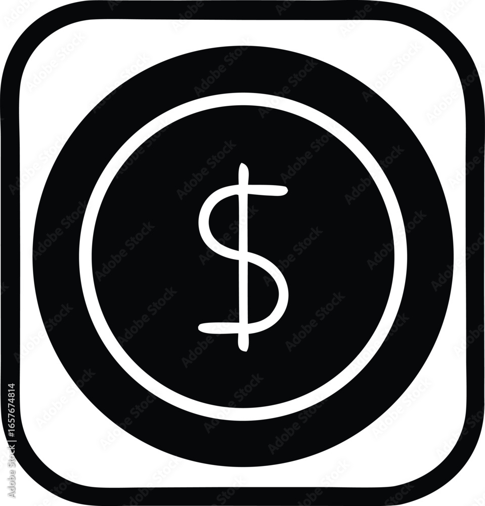 Poster simple black and white icon featuring a dollar sign centered within a circular outline