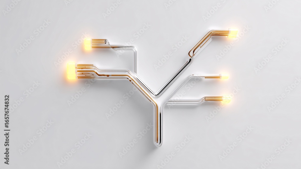 Poster a glowing circuit tree symbolizing machine learning branching possibilities, clean minimal backgroun
