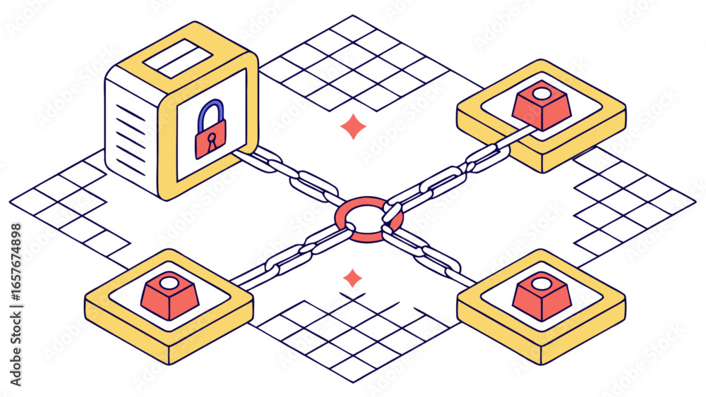 Poster blockchain technology secure network connection with padlock and chain isometric illustration concep