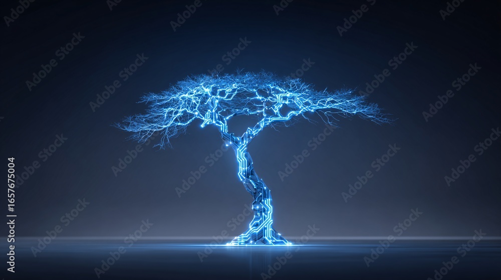 Poster a glowing circuit tree symbolizing machine learning branching possibilities, clean minimal backgroun