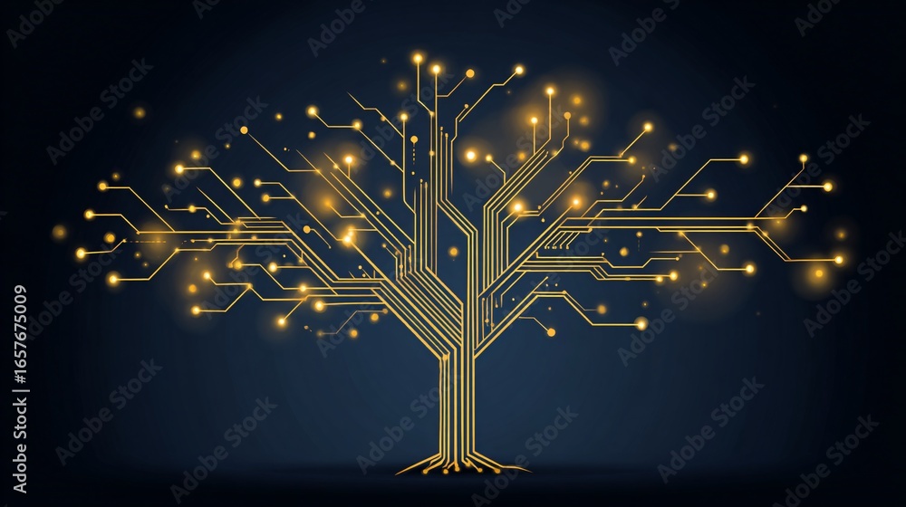 Poster a glowing circuit tree symbolizing machine learning branching possibilities, clean minimal backgroun