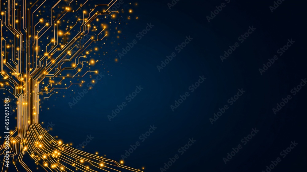 Poster a glowing circuit tree symbolizing machine learning branching possibilities, clean minimal backgroun