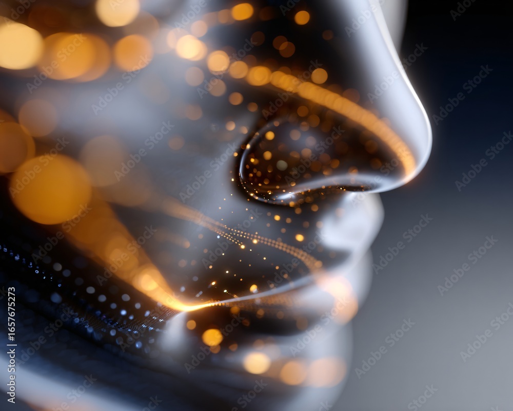 Poster abstract ai face emerging from digital code particles, glowing data streams, stock photo with copysp