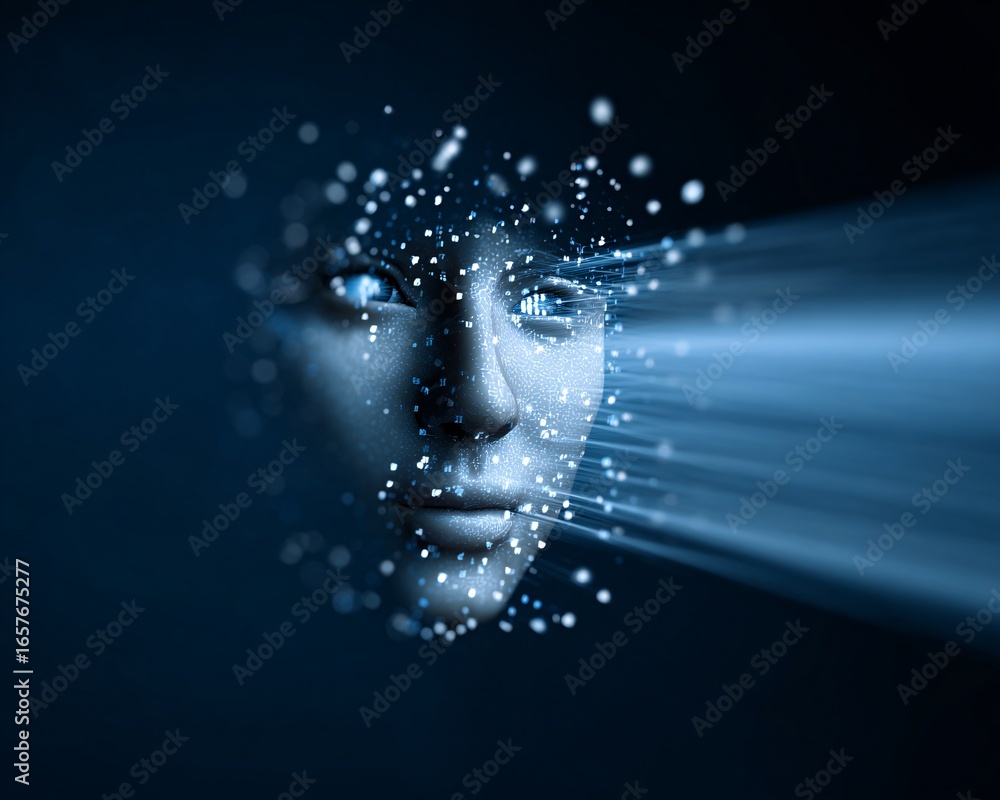 Poster abstract ai face emerging from digital code particles, glowing data streams, stock photo with copysp