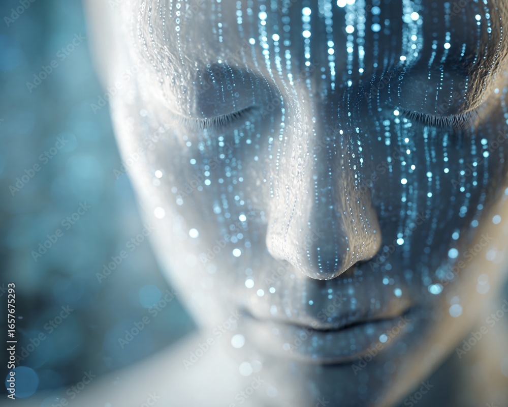 Poster abstract ai face emerging from digital code particles, glowing data streams, stock photo with copysp