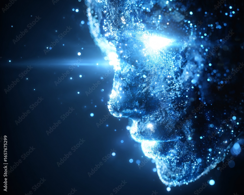 Poster abstract ai face emerging from digital code particles, glowing data streams, stock photo with copysp