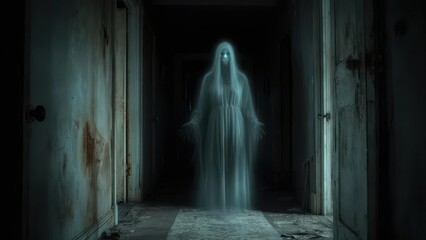 Ethereal Female Ghost Illuminating a Derelict Hallway with a Chilling Glow