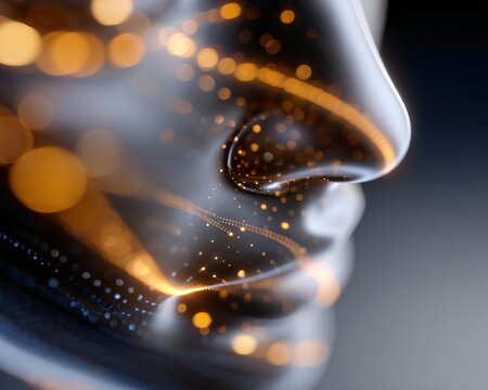 Abstract AI face emerging from digital code particles, glowing data streams, stock photo with copyspace