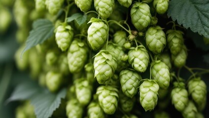 Obraz premium Lush Green Hops Cones Cluster with Soft Bokeh Background