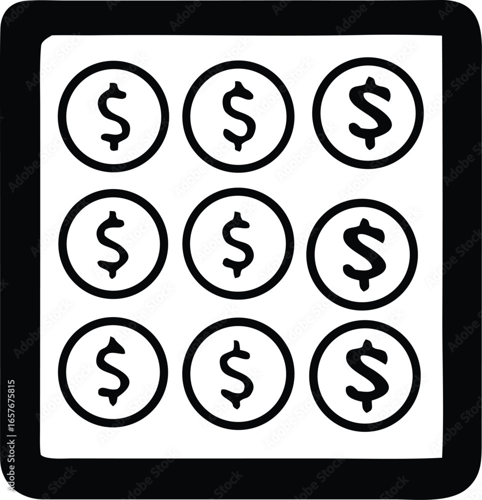 Poster nine stylized circular coins each featuring a dollar sign arranged in a three by three grid on a whi