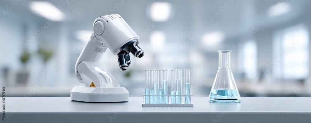 Poster ai-powered robot analyzing holographic charts in modern lab, futuristic stock photo with copyspace