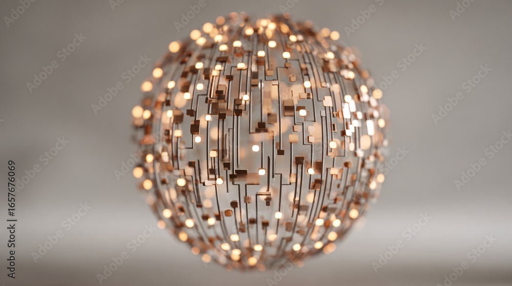 Poster an abstract sphere with glowing ai circuits floating in minimal background, soft gradients, stock ph