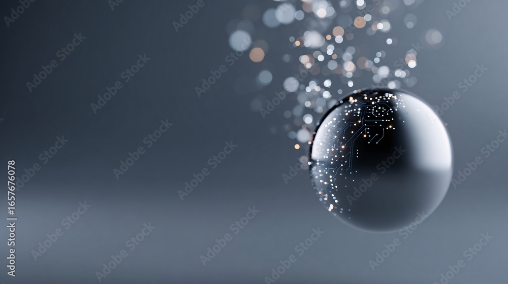 Poster an abstract sphere with glowing ai circuits floating in minimal background, soft gradients, stock ph