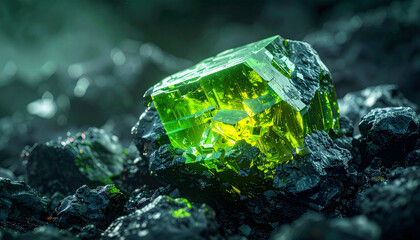 Close-up of a vibrant green crystal formation, showcasing its intricate details and reflective surfaces.