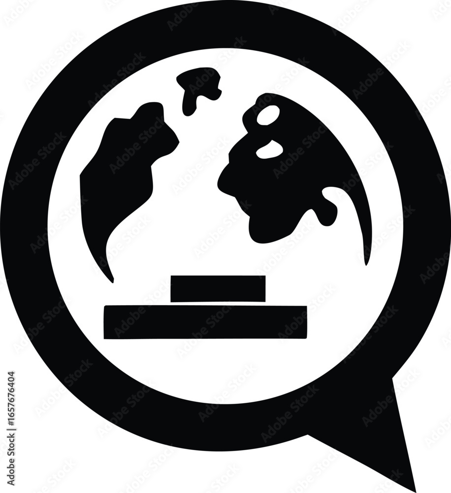Poster stylized black and white icon depicting a globe within a speech bubble symbolizing global communicat