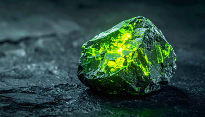 Close-up of a glowing green mineral rock, showcasing its internal light and texture.