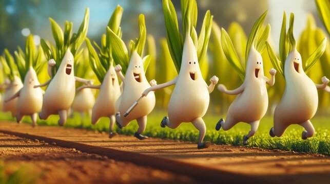 87.Vibrant endives sprinting in a relay race, excited endives passing a baton, teamwork and competitive sports