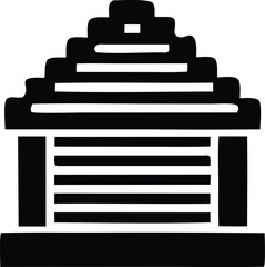 Stylized black and white illustration of a tiered ancient temple or monument with horizontal lines