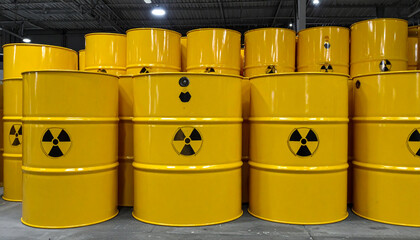 Close-up view of a collection of yellow barrels with radioactive symbols, stored in a warehouse.