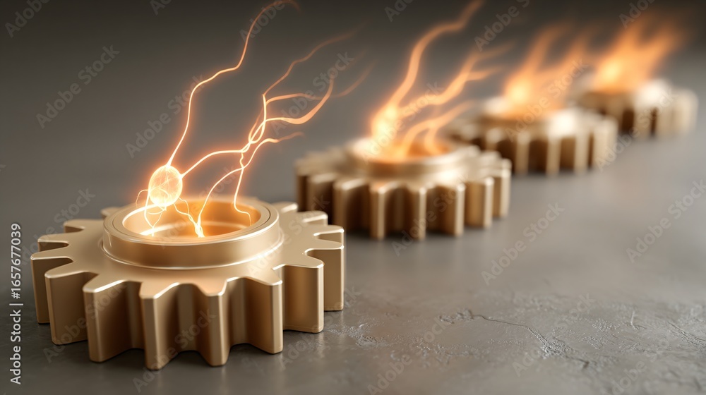 Poster robotic gears merging into glowing neural nodes, surreal conceptual design, stock photo with copyspa