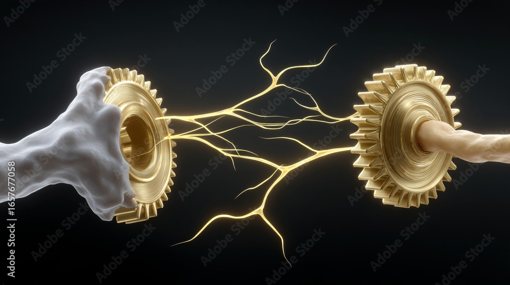 Poster robotic gears merging into glowing neural nodes, surreal conceptual design, stock photo with copyspa