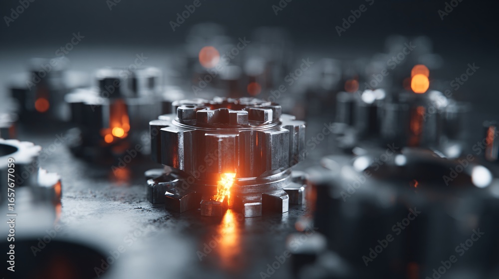 Poster robotic gears merging into glowing neural nodes, surreal conceptual design, stock photo with copyspa