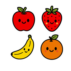 Adorable kawaii fruit vector illustration set featuring apple, strawberry, banana, and orange with happy smiling faces. Perfect for kids food design, healthy lifestyle promotion, restaurant branding, 