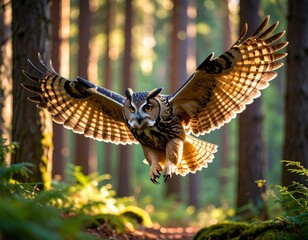 Majestic Great Horned Owl gracefully soaring through a sun-dappled forest, its expansive wings illuminated by the golden rays filtering through the dense canopy, a powerful wildlife moment