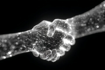 Dynamic digital handshake symbolizes global connection and futuristic business partnership, forging trust in a connected world.