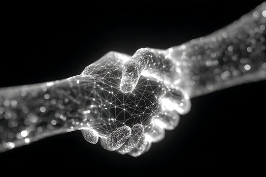 Dynamic digital handshake symbolizes global connection and futuristic business partnership, forging trust in a connected world.
