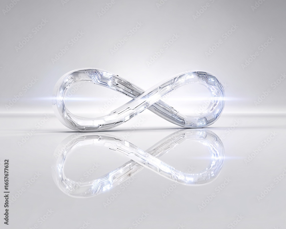 Poster minimal glowing ai circuit pathways forming an infinity loop on clean background, stock photo with c
