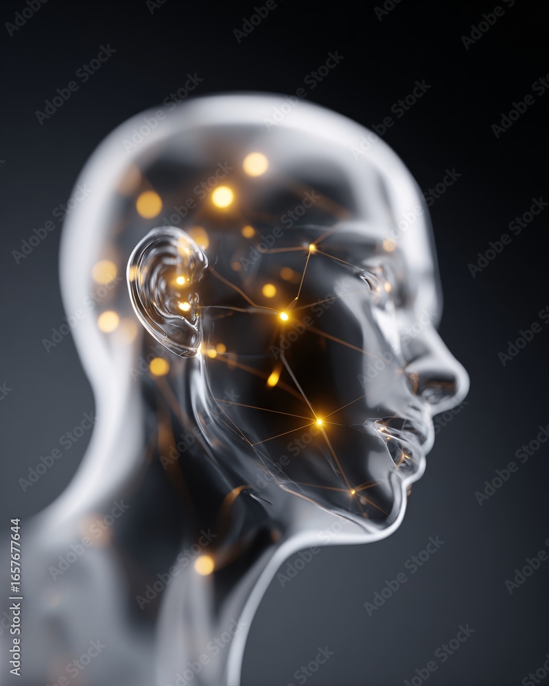 Poster a digital wireframe head with glowing ai nodes inside, abstract futuristic design, stock photo with 
