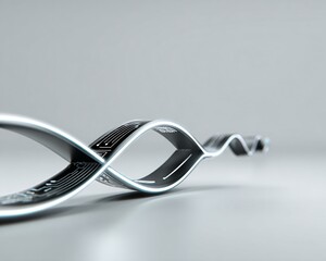 Minimal glowing AI circuit pathways forming an infinity loop on clean background, stock photo with copyspace