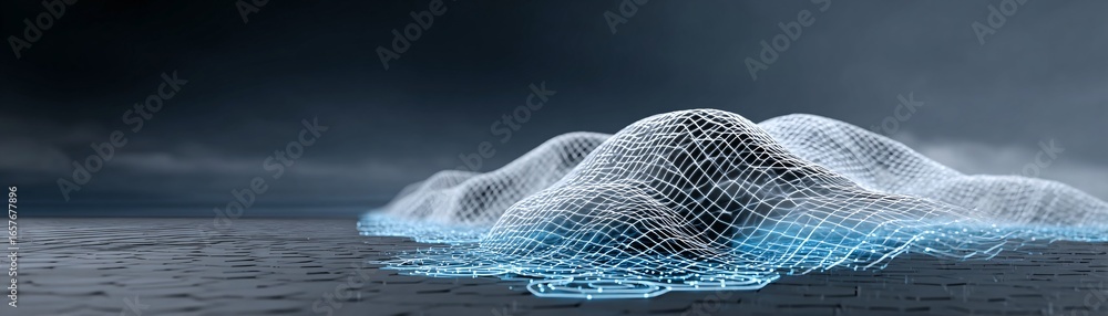 Poster Abstract waves of glowing data streams flowing across horizon symbolizing AI networks, stock photo with copyspace