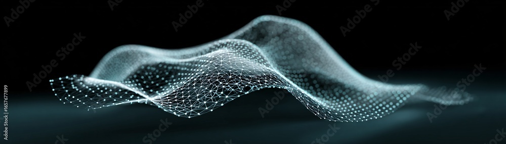 Poster Abstract waves of glowing data streams flowing across horizon symbolizing AI networks, stock photo with copyspace