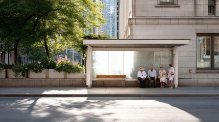 People waiting at a city bus stop in the afternoon sunlight with clear skies and modern architecture in the background